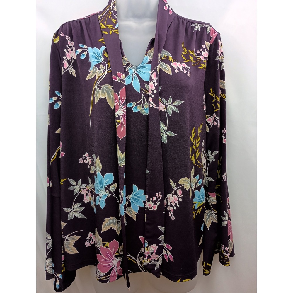 Apt 9 bell sleeves career work office church purple floral tie blouse petite XL